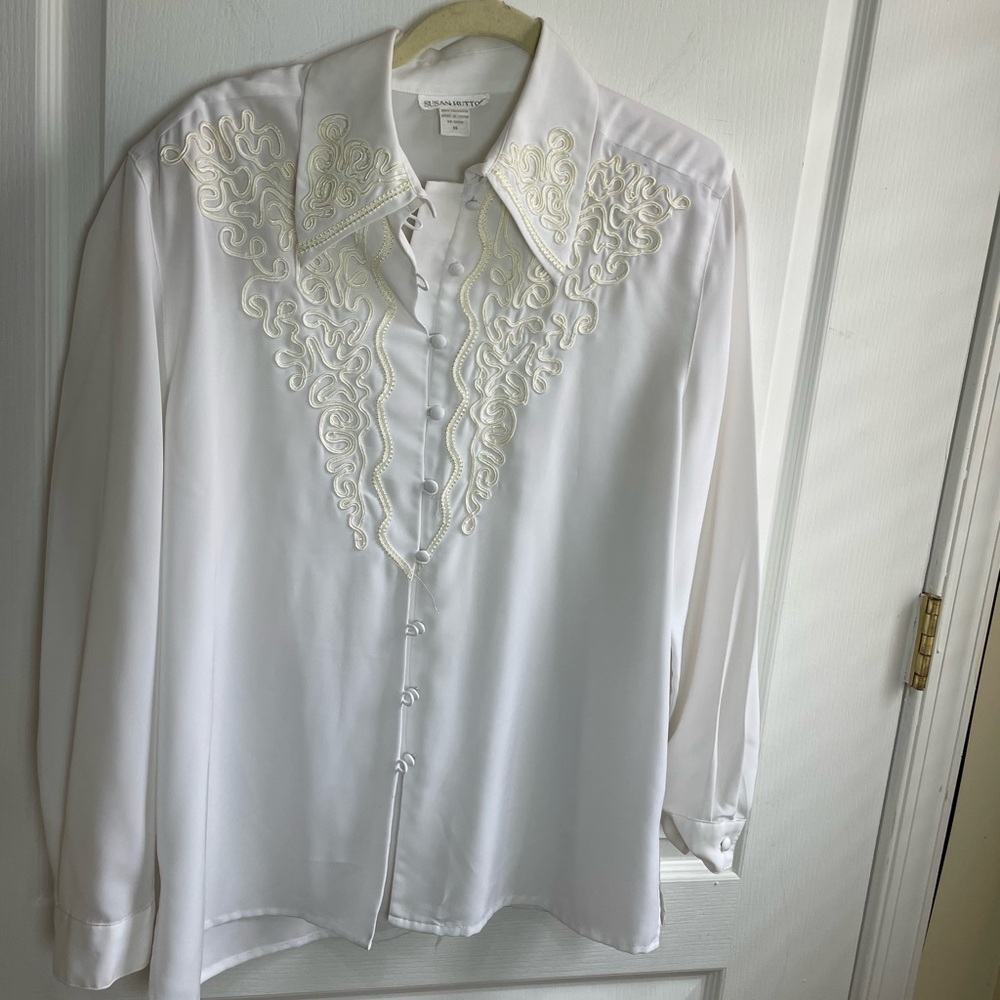 Susan Hutton White Embroidered Button-Up Shirt Sz 14 Women